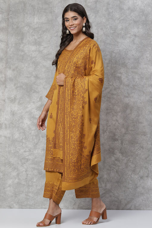 Mustard Jacquard Straight Kurta image number 5